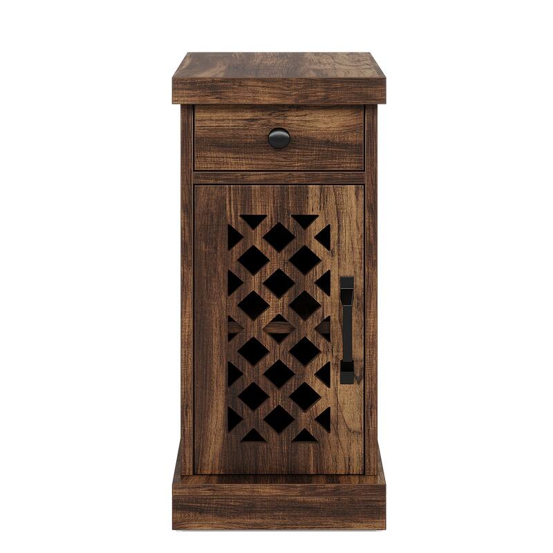 Narrow End Table with Drawer & Cabinet, 11.8" Slim Nightstand for Small Spaces, Farmhouse Side Table with Storage Shelf