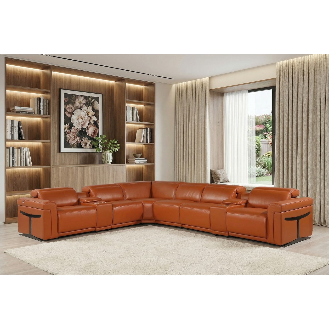 HomeRoots Camel Italian Leather Modular L Shaped Eight Piece Corner Sectional With Console