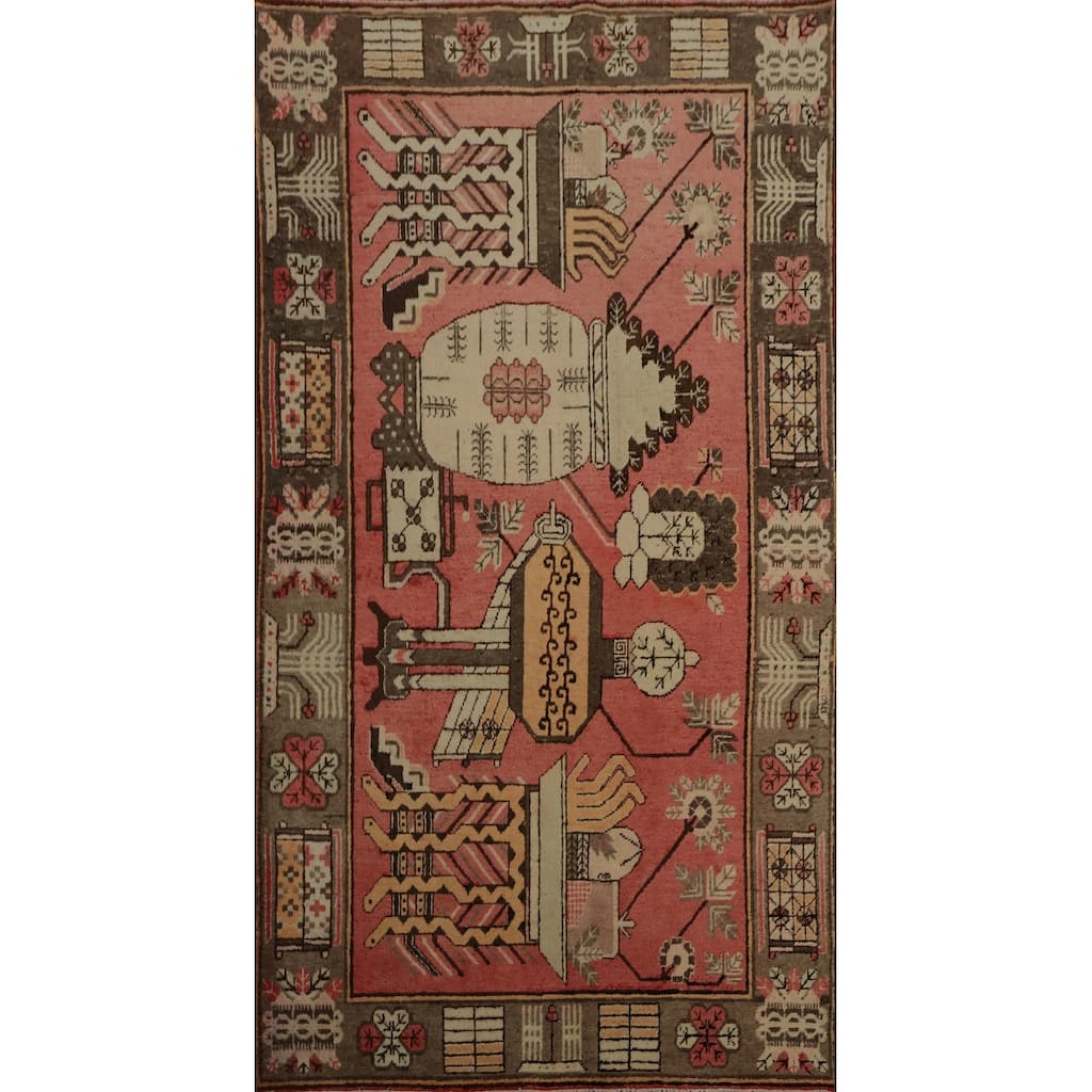 Hand Knotted Oriental 100% Wool Carpet Transitional Geometric Pink Khotan Area Rug - 8' 10'' X 5' 0''
