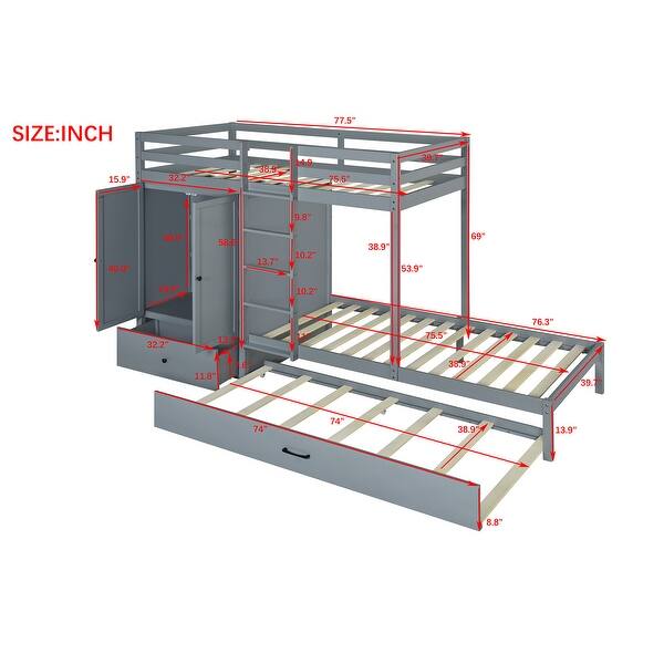 dimension image slide 0 of 2, Twin-over-Twin Bunk Bed with Wardrobe, Drawers, and Shelves