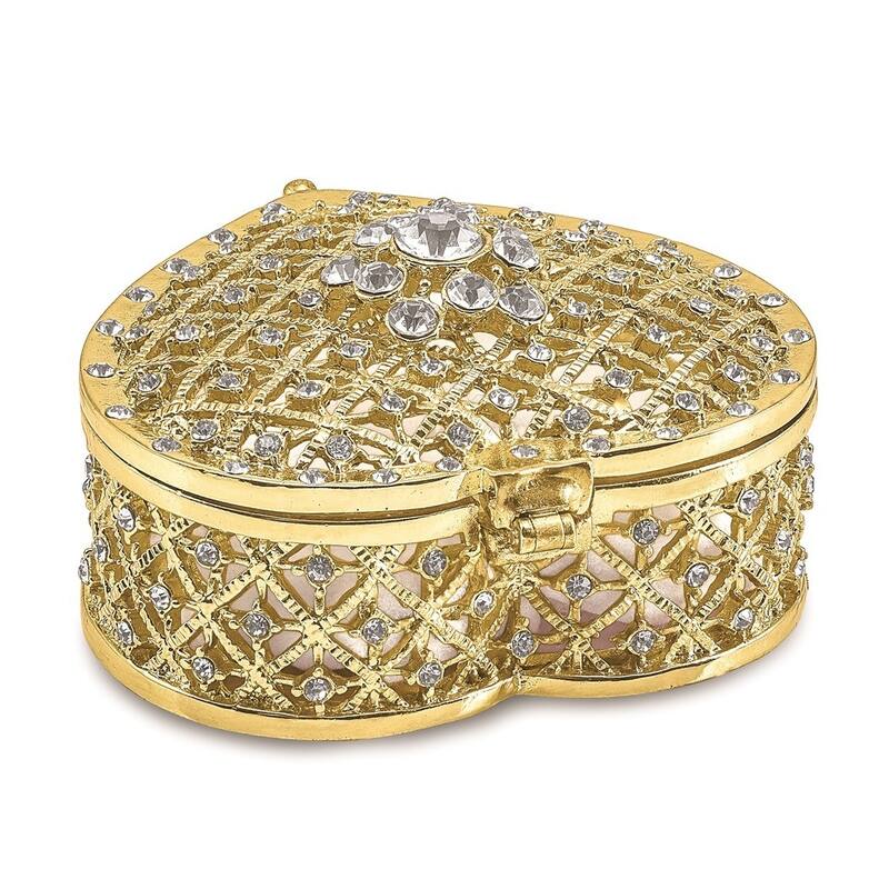 Curata Pewter Crystals Gold-Tone Enameled Romance Filigree Heart W/Ring Pad Trinket Box on 18 Inch Necklace