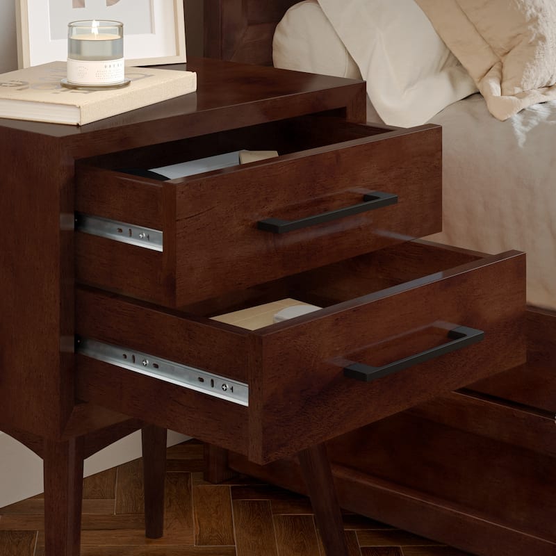 Walnut Solid Wood 2-Drawer Nightstand with Tapered Legs, Sleek Black Handles and Mid-Century Modern Design