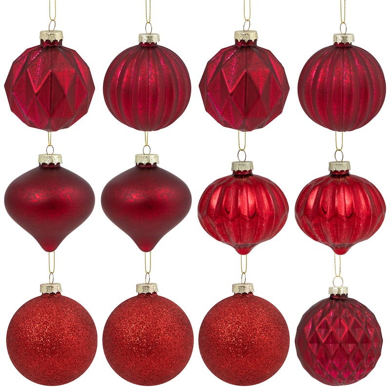 Mercury Style Onion and Ball Glass Christmas Ornament Set - 3" - Red - 12ct