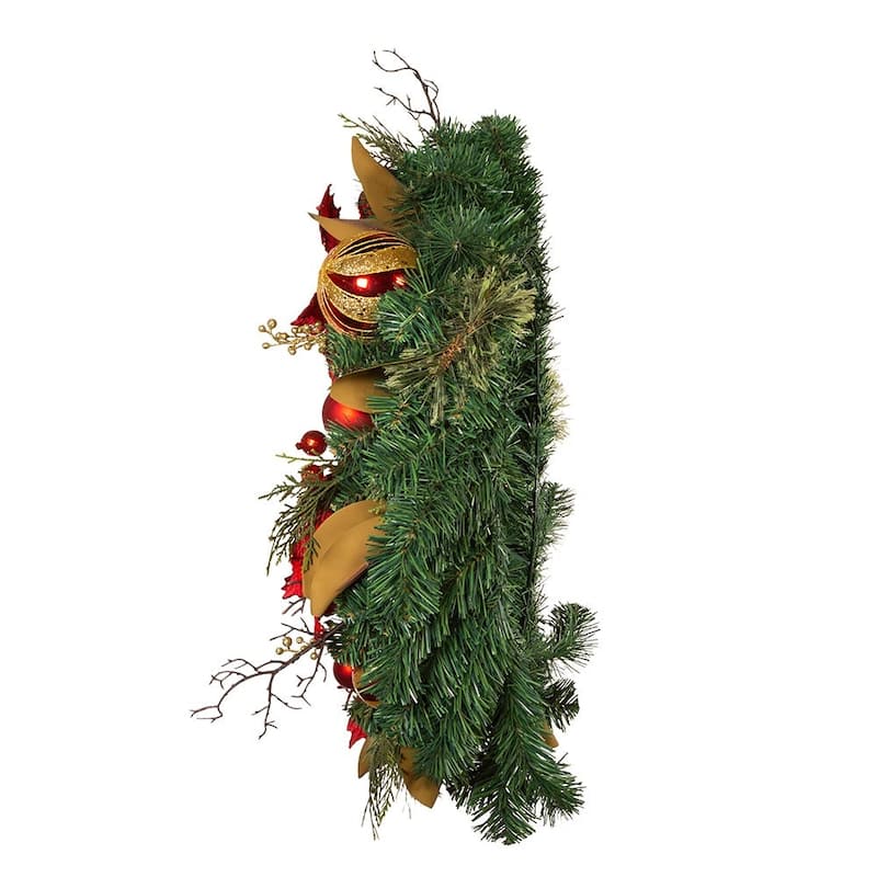 Kurt Adler 30-Inch Unlit Red & Gold Poinsettia Wreath - Green