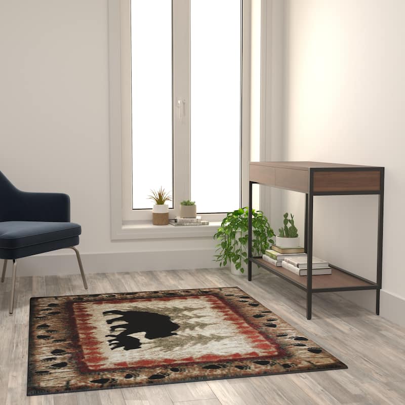 Wandering Bear and Cub Rustic Olefin Area Rug - Jute Backing - 4' x 5' - Brown