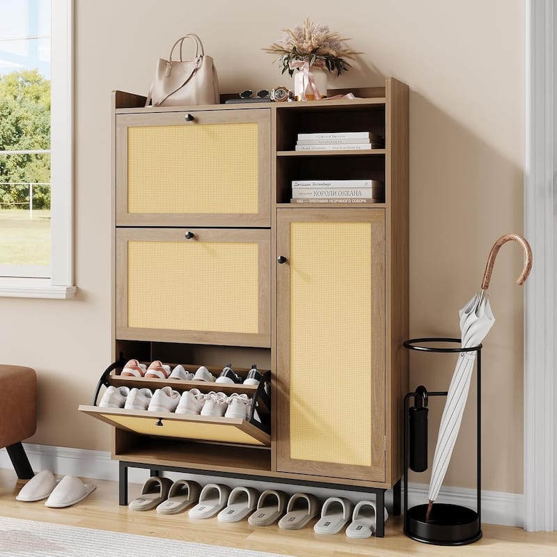 Freestanding 3 Flip Drawer Shoe Cabinet for Entryway Hallway Storage - Khaki