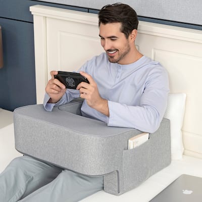 Reading Pillow for Gaming - Lap Desk Pillow with Arm Rests, Storage Pockets, and Removable Washable Cover by Lavish Home (Gray)