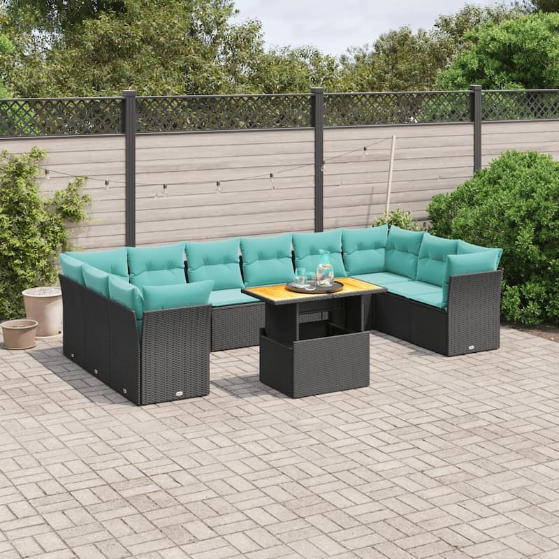 vidaXL 11 Piece Patio Sofa Set with Cushions Black Poly Rattan - 24.4 x 24.4 x 27.2 - Black-with removable and washable cover