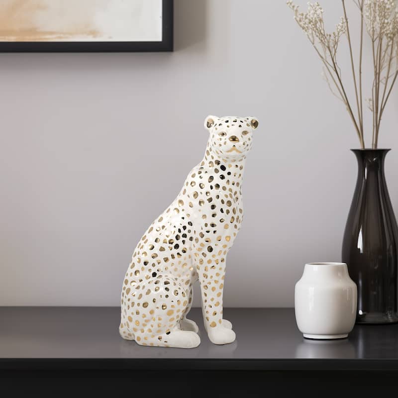 Sagebrook Home 11" Sitting Leopard Sculpture Contemporary Glam Ceramic White and Gold Decorative Animal Figurine - 7" x 4" x 11" - White - 7" x 4" x 11"