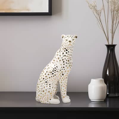 Sagebrook Home 11" Sitting Leopard Sculpture Contemporary Glam Ceramic White and Gold Decorative Animal Figurine - 7" x 4" x 11"
