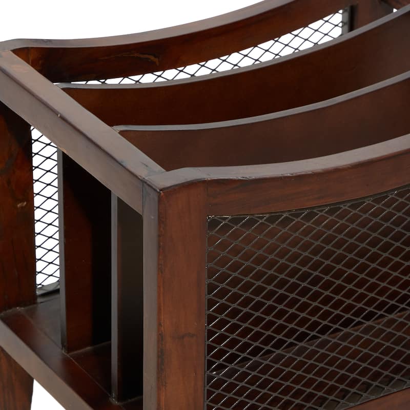 Wood 3 Slot Magazine Holder with Netting Side Panels - Brown - Roche River Decor - 11"Wx15"Lx13"H