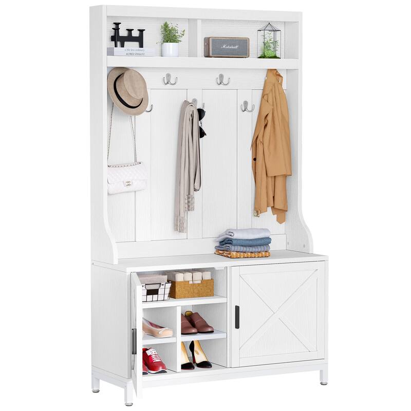 Moasis Hall Tree and Coat Rack with Bench and Shoe Storage for Hallway Entryway - White