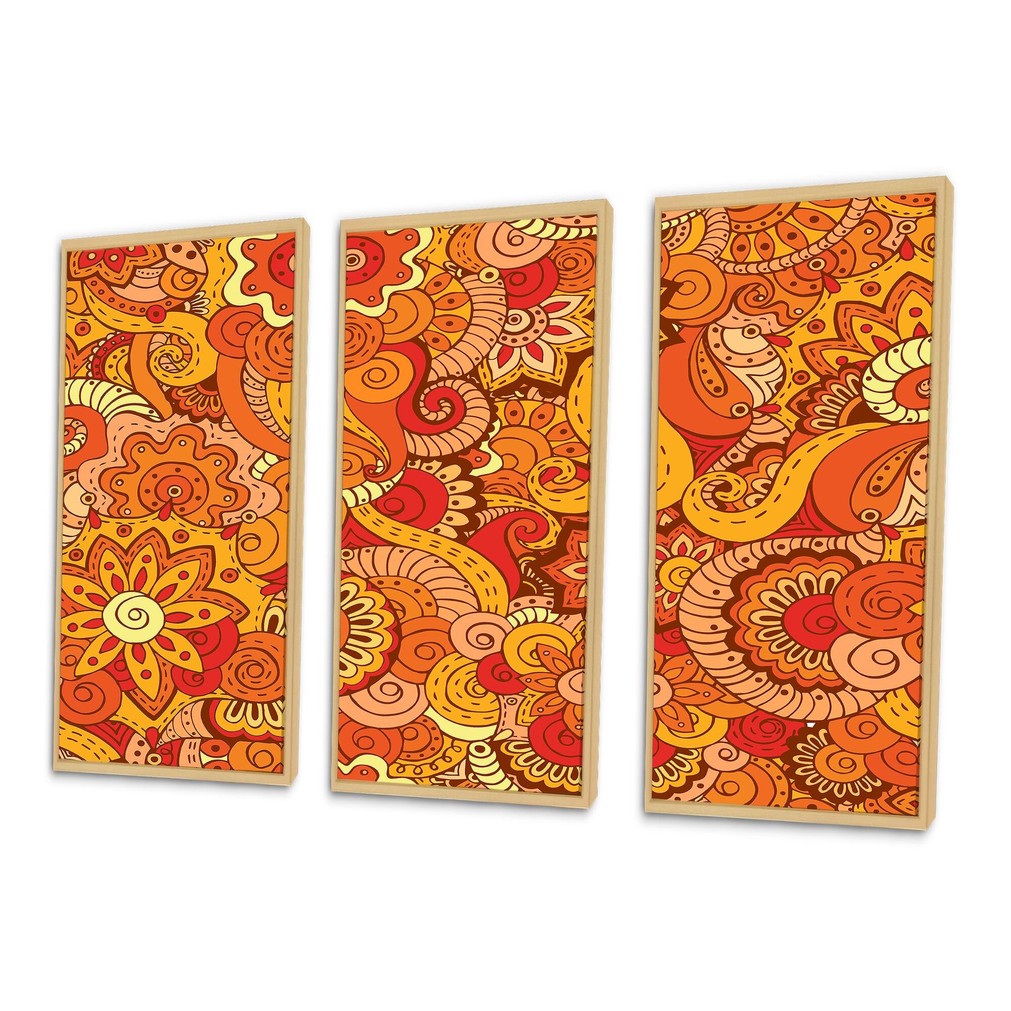 Designart "Retro Orange Asian Waves" Bohemian Framed Wall Art Set of 3