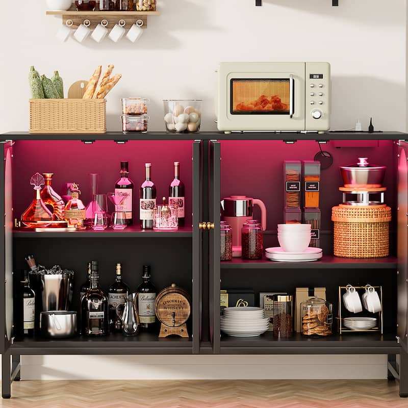 Modern Farmhouse Black Sideboard Buffet with USB Port, Black Storage Bar Cabinet with LED Light