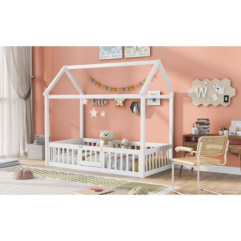 White Pine Wood House Bed with Fence, Door, and Solid Construction