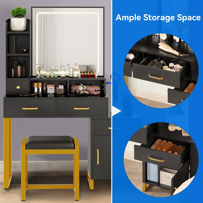 Moasis Vanity Table Set LED Mirror Makeup Desk with Wider Storage Dresser Bedroom - 37.4''L x 15.3''W x 53.9''H