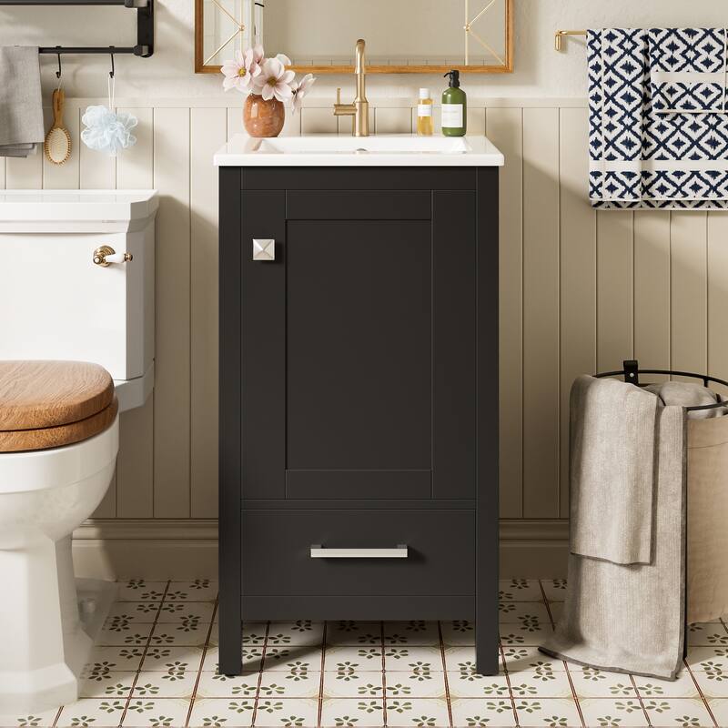 GDFStudio - Aurora Wood Bathroom Vanity Set with Ceramic Sink and Divided Drawers - 18" - Black