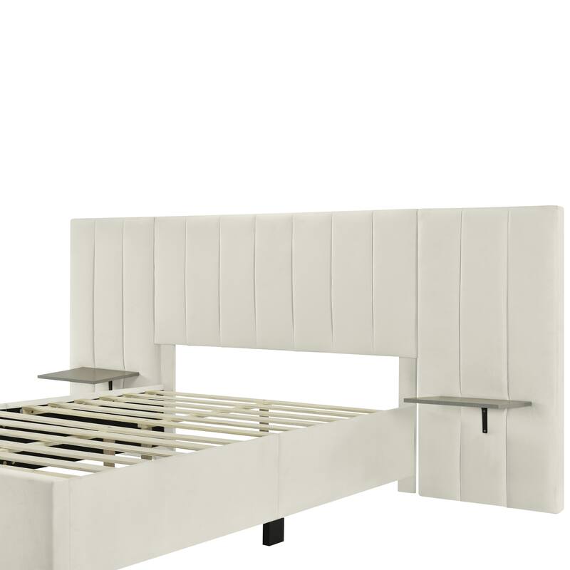 HomeRoots Light Gray Tufted Velvet Upholstered Lighted Full Bed Frame