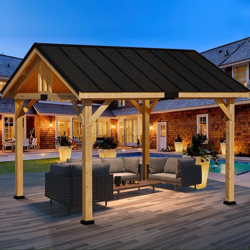 Hardtop Wood Gazebo for Patio, Outdoor Cedar/Spruce Pergola with Metal or Asphalt Roof, All-Weather Backyard Shelter