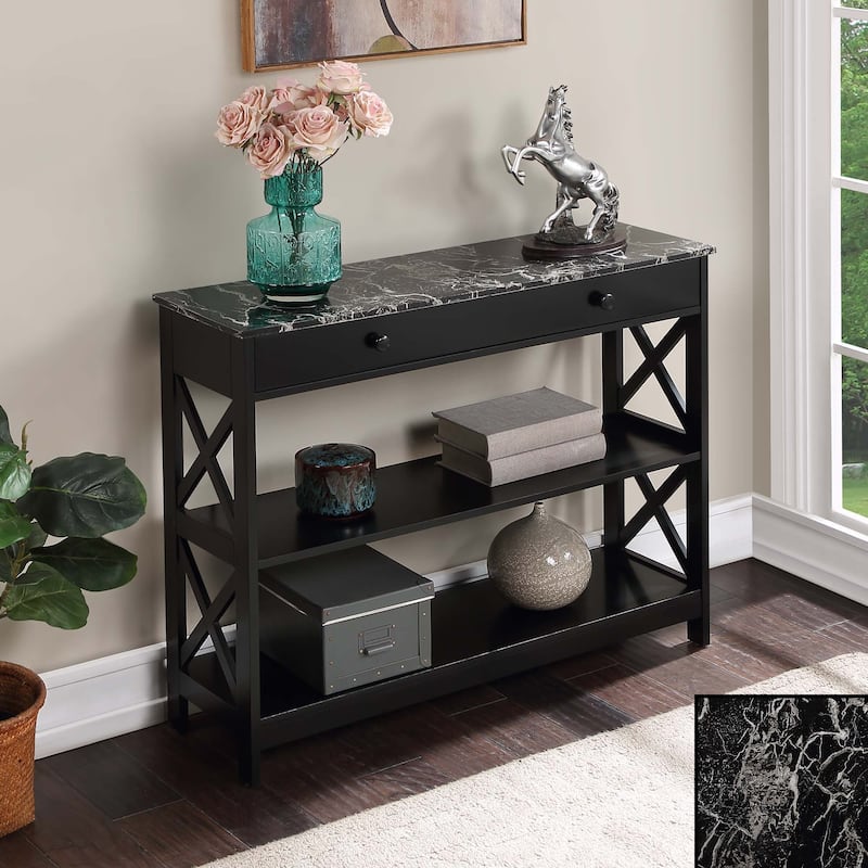 Convenience Concepts Oxford 1 Drawer Console Table with Shelves - Black Faux Marble/Black