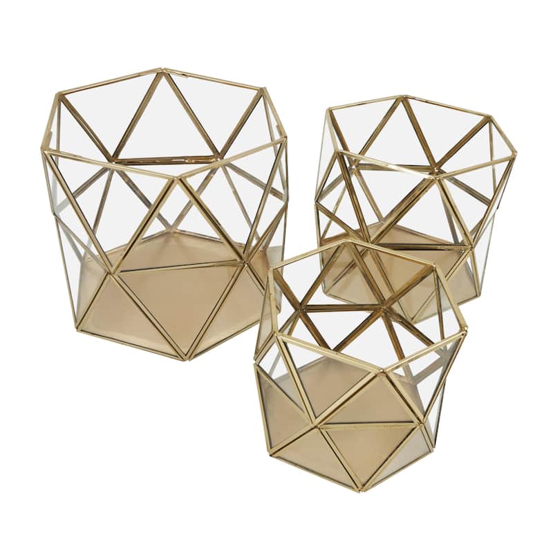Metal Geometric Wide Diamond Patterned Hexagon Indoor Outdoor Candle Lantern - Set of 3 Gold - CosmoLiving by Cosmopolitan