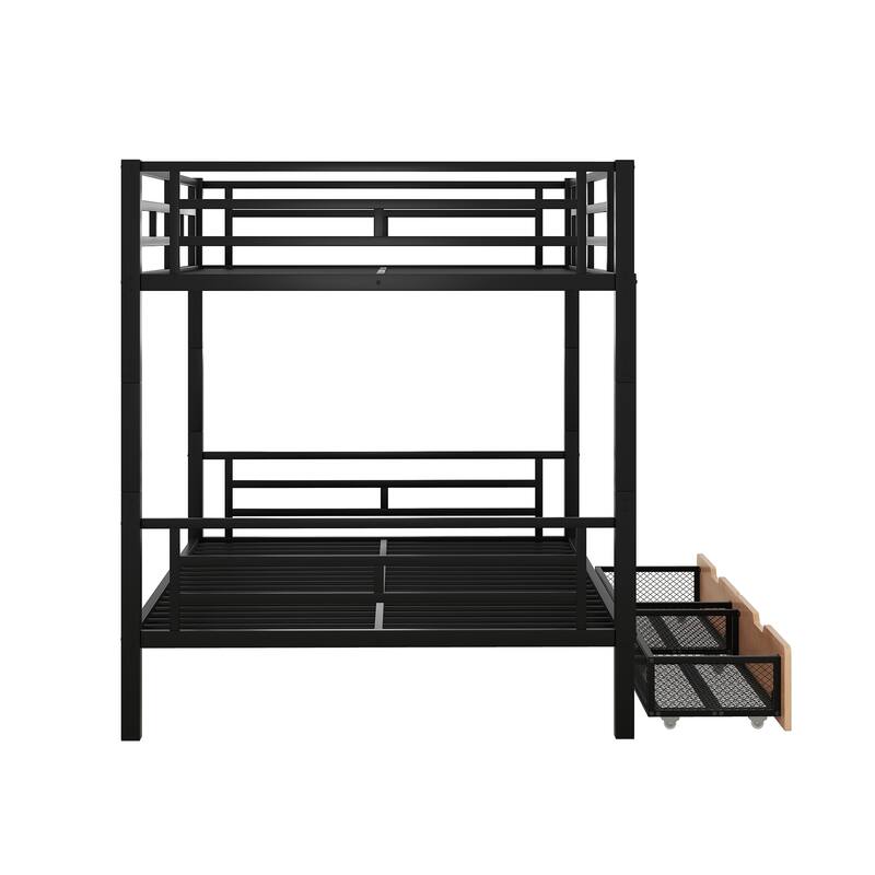 Full Size Convertible Metal Bunk Bed with 2 Drawers, Black
