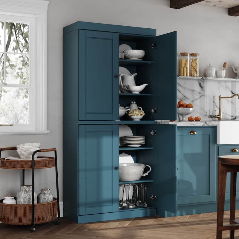 Palace Imports 100% Solid Wood Pantry Cabinet with Frosted, Clear Glass or Solid Doors and Adjustable Shelves - Teal Blue - Solid