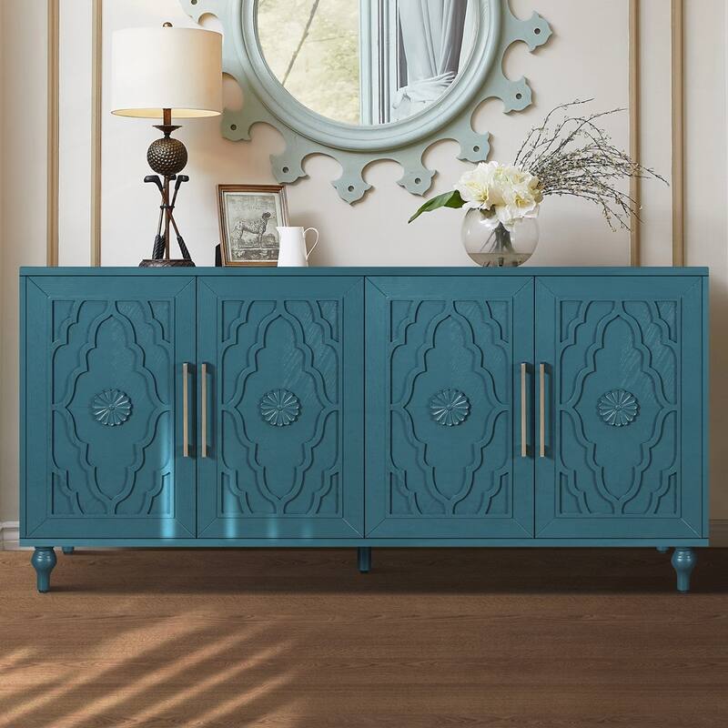 Carved Flower Door Large Storage Cabinet With Metal Handle - Navy Blue