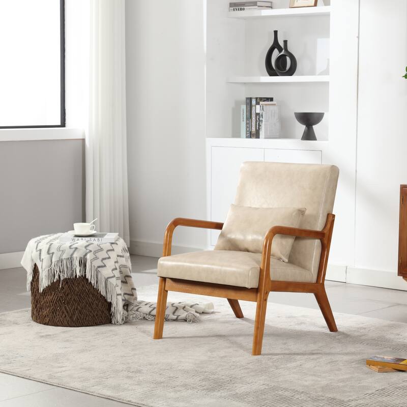 Khaki 23.23" Upholstered Accent Chair with Rubber Wood Legs and Pillow