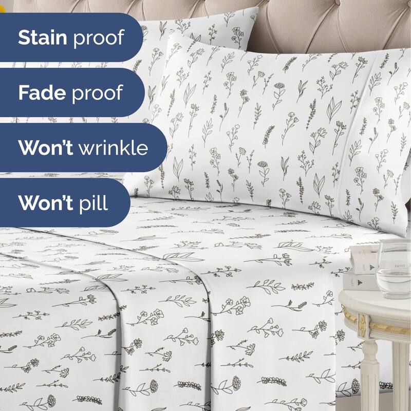 CGK Linens Luxurious 4 Piece Floral Sheet Set,Deep Pocket, Soft, Wrinkle-Resistant Pastel Botanical Bed Sheets