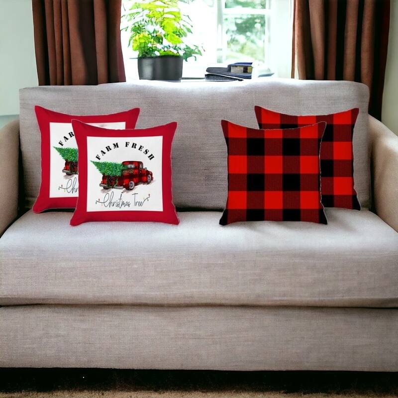 HomeRoots Set of 2 Red Plaid and Red Truck Throw Pillow Covers - Pillow Covers