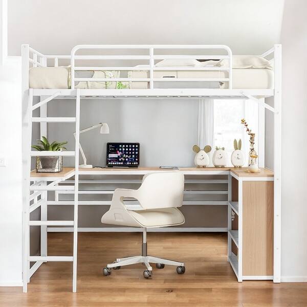 slide 2 of 30, Artsy Twin Size Metal Loft Bed with 3 Layers and L-shaped Desk, White White