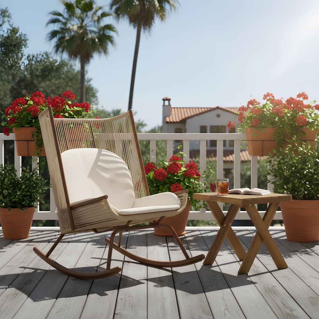 Christopher Knight Home - Wallace Outdoor Faux Rattan High Arc Backrest Rocking Chair Set with Acacia Wood Side Table
