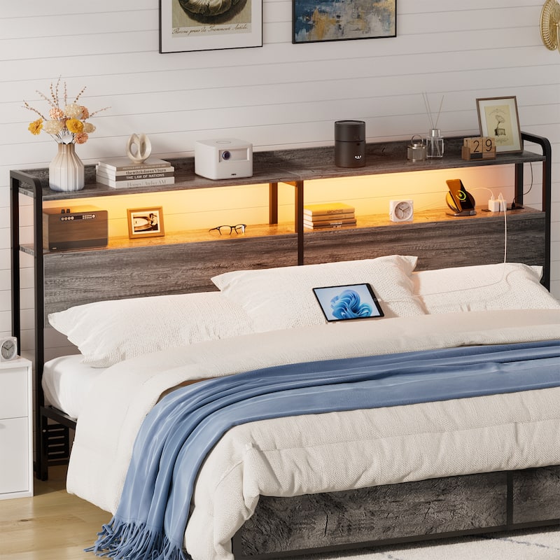 Headboard with Storage Drawers and LED Light, Head Board with Outlets, USB Ports
