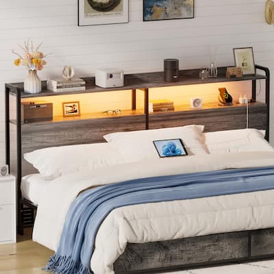 Headboard with Storage Drawers and LED Light, Head Board with Outlets, USB Ports