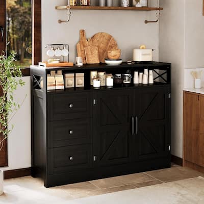 51" Large Sideboard with Drawers and Outlets, Shelf Doors, Black