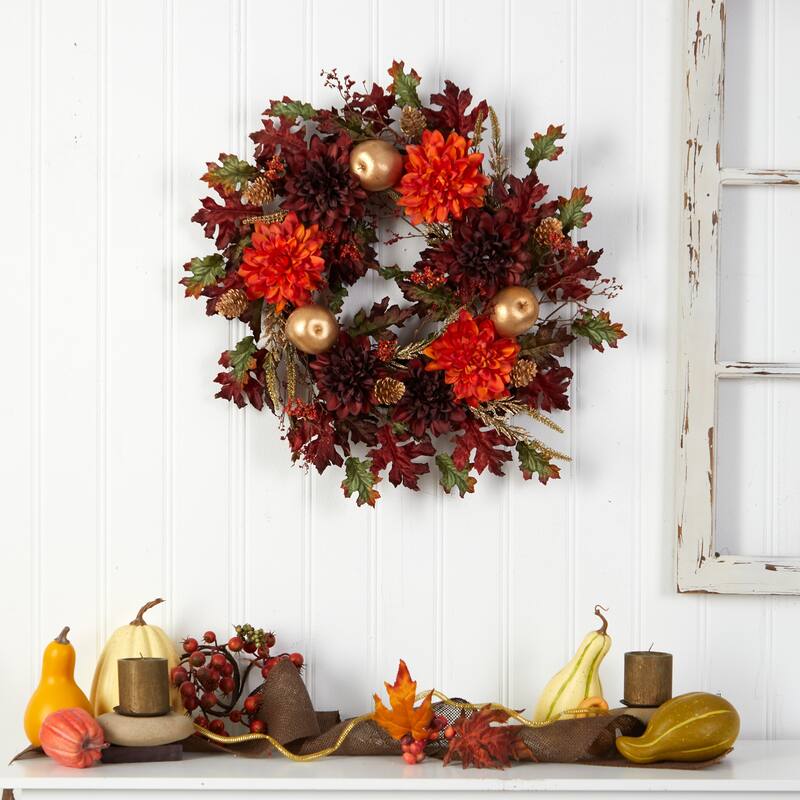 Dahlia with Oak Leaf and Berries Artificial Fall Harvest Wreath, 24-Inch, Unlit