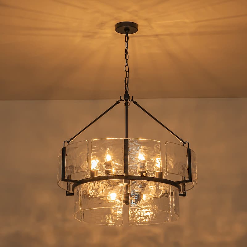 Modern Glam 2-Tire 9-Light Drum Chandelier Textured Glass