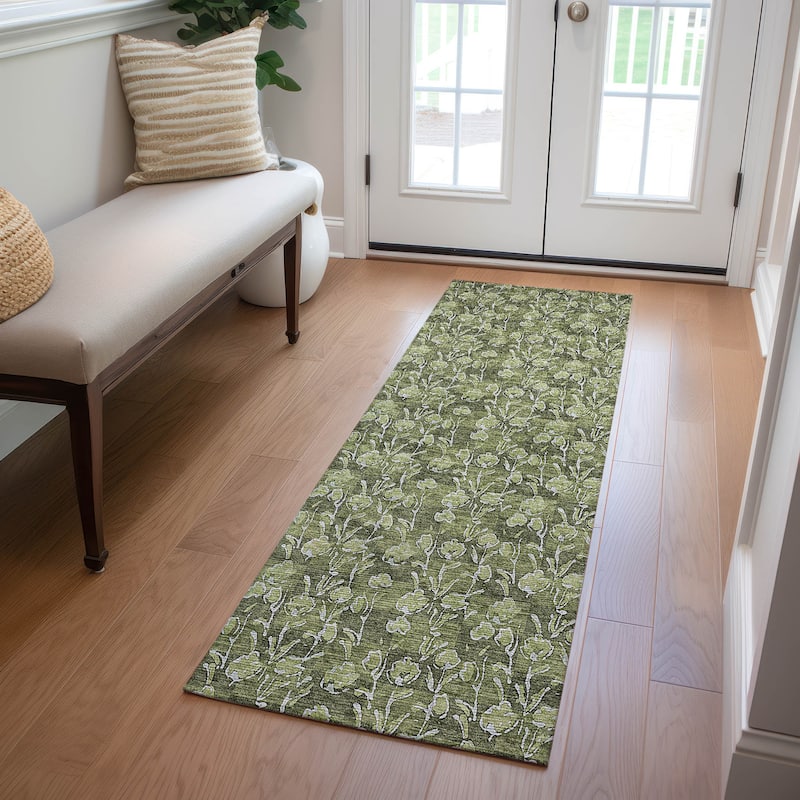 Machine Washable Indoor/ Outdoor Chantille Modern Floral Impressions Rug - Olive - 2'3" x 7'6"