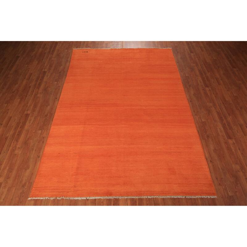 Modern Gabbeh Area Rug Hand-Knotted Oriental Orange Wool Carpet - 6'8" x 9'5"
