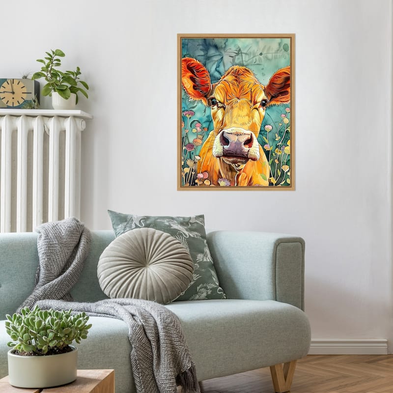 Cow in Flowers by Justyna Jaszke Framed Canvas Wall Art