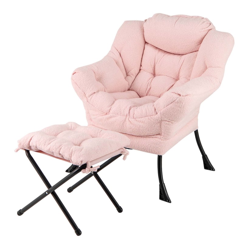 Sherpa Lazy Chair w/ Ottoman Comfy Lounge Reading Accent Chair - Pink