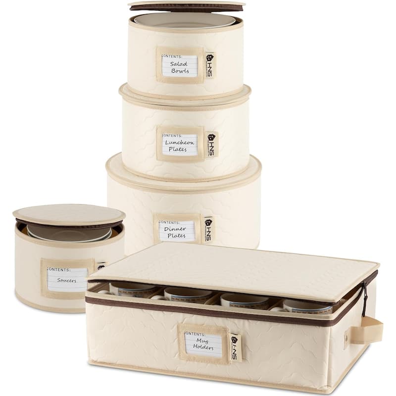 Hard Shell China Storage Containers 5-Piece Set Moving Boxes for Dinnerware, Glasses, Plates, Mugs and Saucers - Beige Quilted