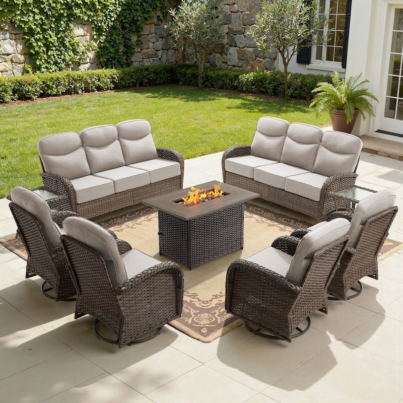 Luna 9-Piece Wicker Outdoor Patio Fire Pit Sofa Set with 6-Inch Thick Cushions - Beige Cushions - Brown Wicker