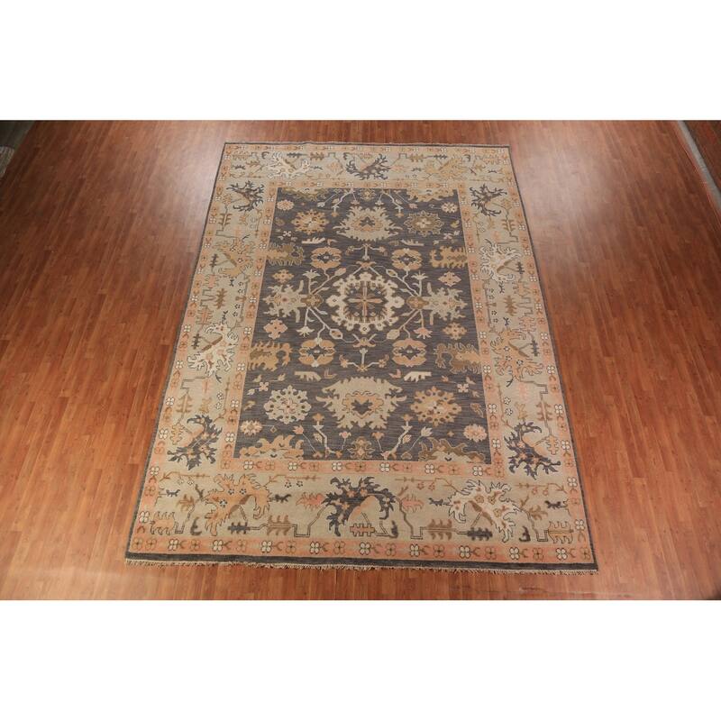 Gray Oushak Indian Large Rug Hand-Knotted Wool Carpet - 10'0"x 13'10"