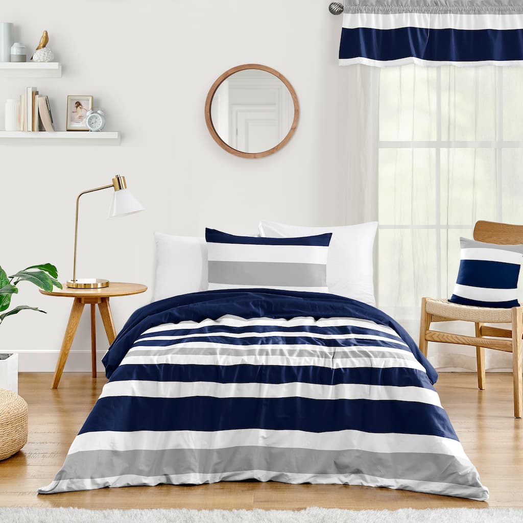 Sweet Jojo Designs Navy Blue/Grey Stripe Boy, Girl, Unisex/Gender Neutral Twin Duvet Cover Bedding Set - Classic, Modern Striped