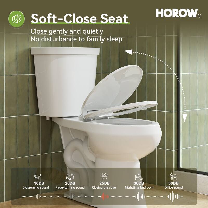 HOROW 17 Inch ADA Chair Height 2 Piece High Efficiency Dual Flush Round Toilet White 1.28 GPF Strong Flush Soft Close Seat