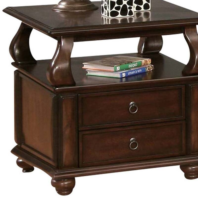 26" Versatile Solid Wood End Table with 2 Drawers and Open Shelf Brown Walnut Finish for Living Room - 28”L x 26”W x 26”H