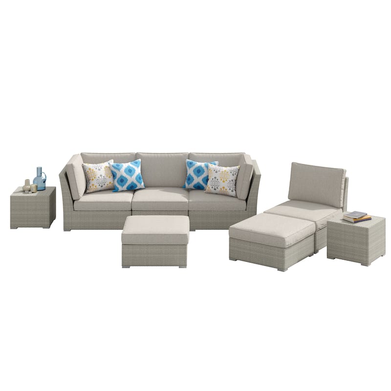 Corvus Looe 8-Piece Outdoor Sectional Set with Deep Seating, Aluminum Wicker Conversation Sofa with Ottomans - Light Grey