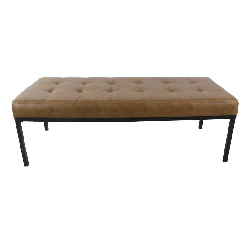 Alp Bench, Black Open Metal Frame, Brown Tufted Faux Leather 54 Inch
